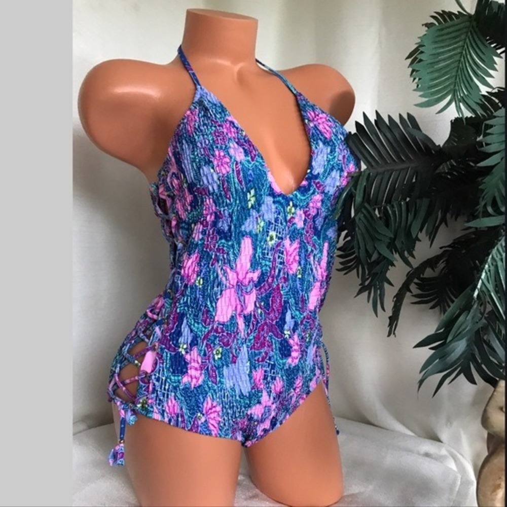 Victoria's Secret Smocked One Piece Swimsuit M Blue Pink Floral Lace‎ Up Boho